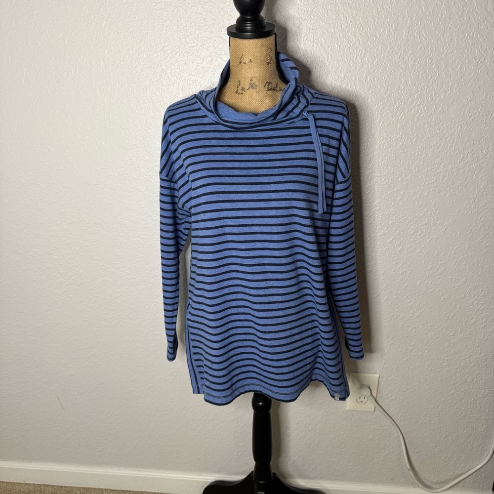 T Talbots Blue Black Striped Tunic Pullover Sweater Cowl Neck Relaxed Size M